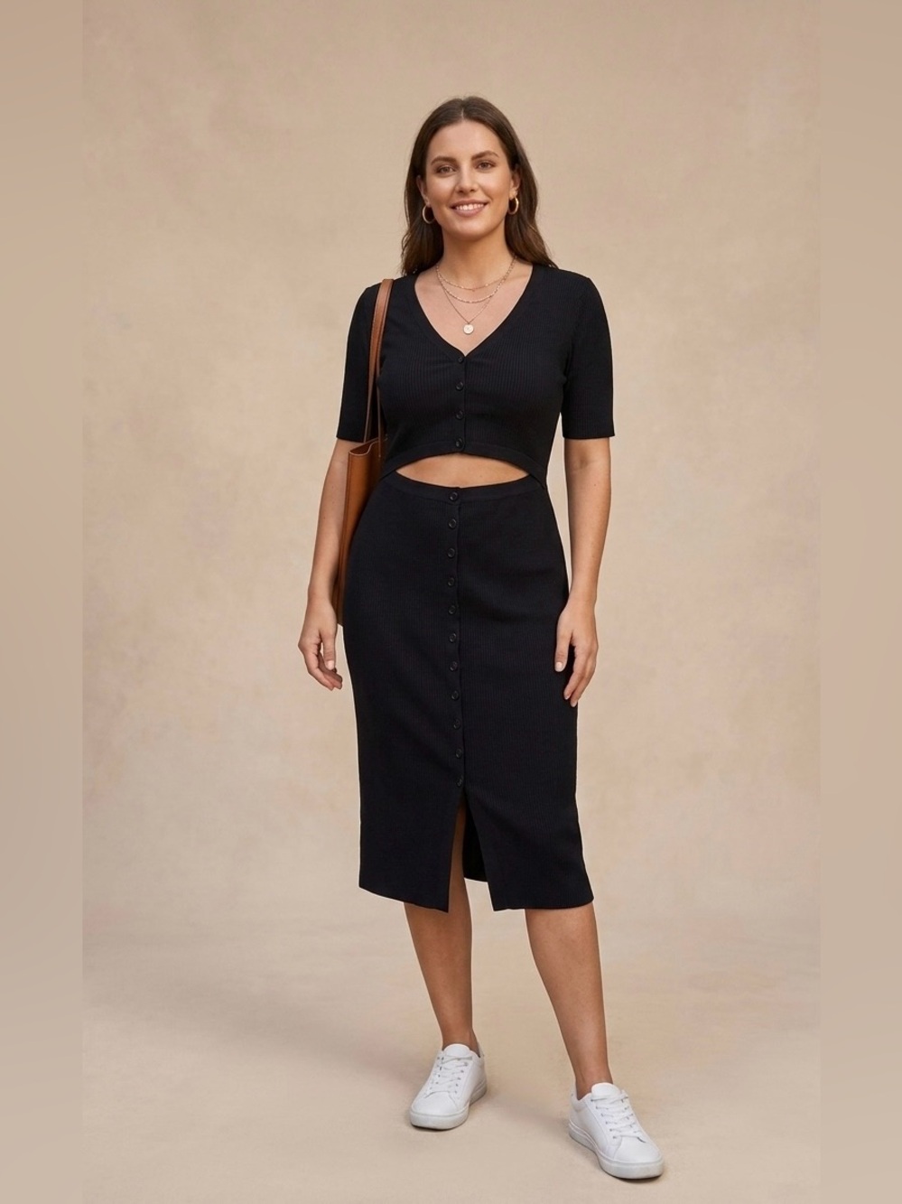 7 For All Mankind Black Button-Front Midi Dress knit size Large